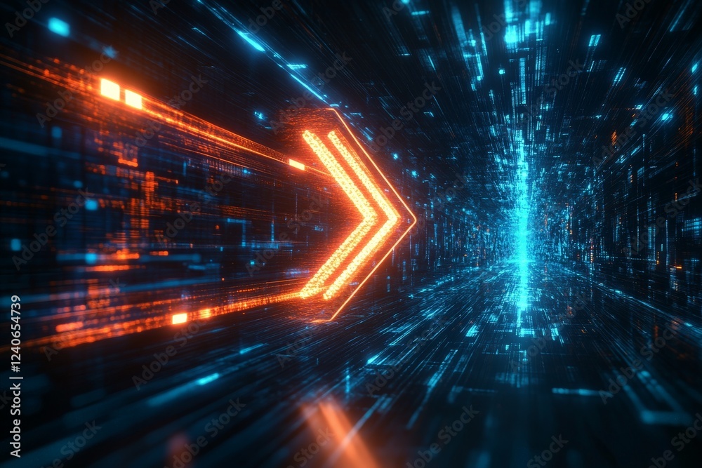 Poster Futuristic glowing arrow moving through vibrant digital tunnel of lights and data streams in a technological setting
