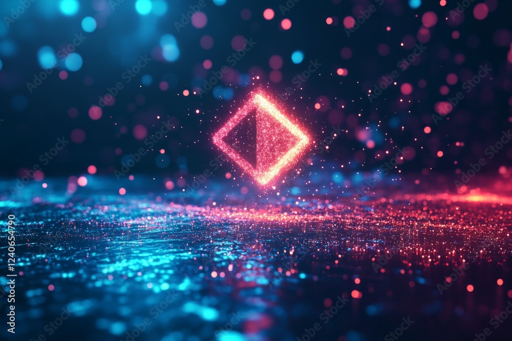 Poster colorful geometric shape glowing in vibrant light amidst sparkling particles in a dark environment