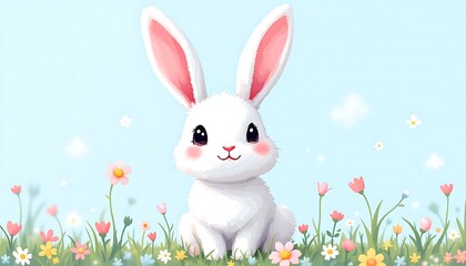 Obraz premium Illustration of a fluffy white bunny amidst spring blooms radiates sweetness, peace, perfect for Easter promotions, joyful greetings, and children's art projects