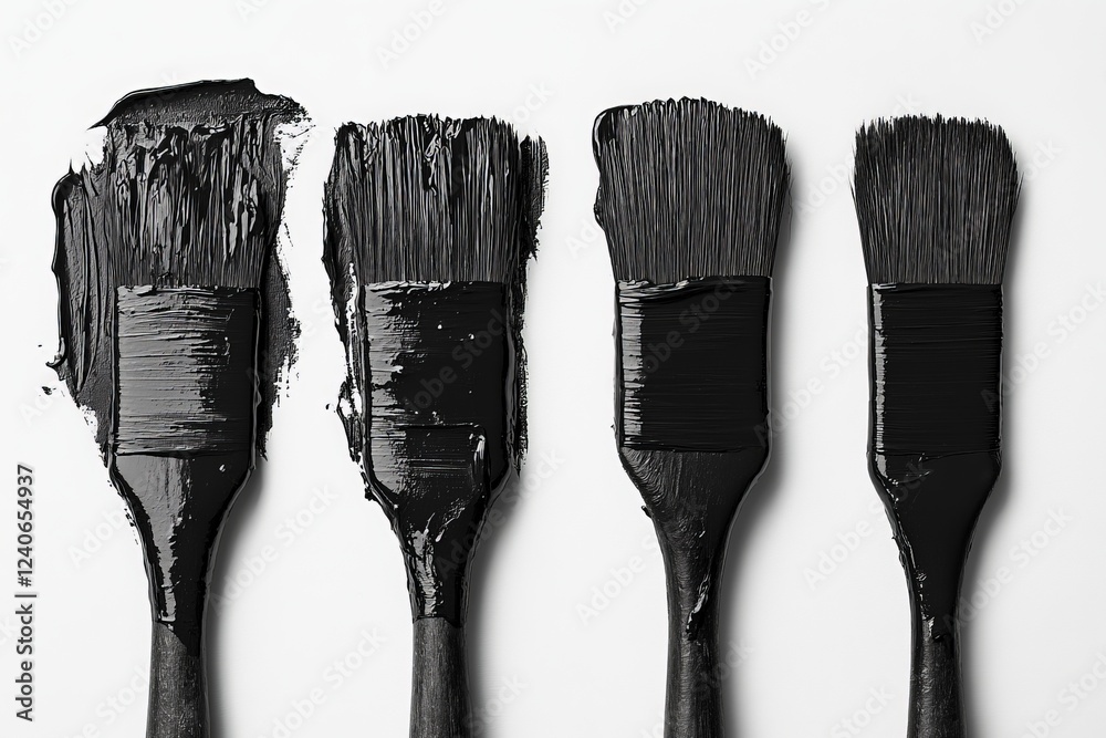 Poster Brushes coated with black paint arranged in a line against a light background showcasing varied application styles