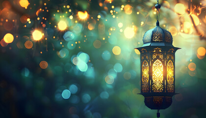 Ornate lantern glowing softly amidst a dreamy bokeh background of twinkling lights