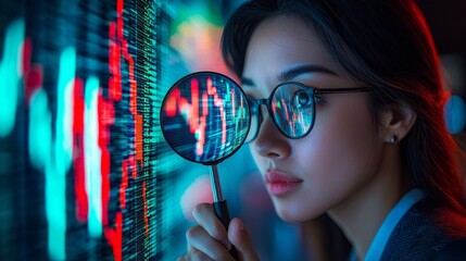 A woman closely studies fluctuating financial data with a magnifying glass, surrounded by vibrant digital graphics in a modern office at night, highlighting her focus and diligence