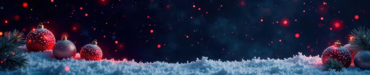 Naklejka premium Winter night sky with twinkling red stars and white baubles on black background, winter night, starry sky