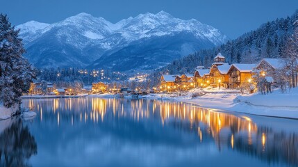 Obraz premium Snowy Alpine village twilight lake reflection