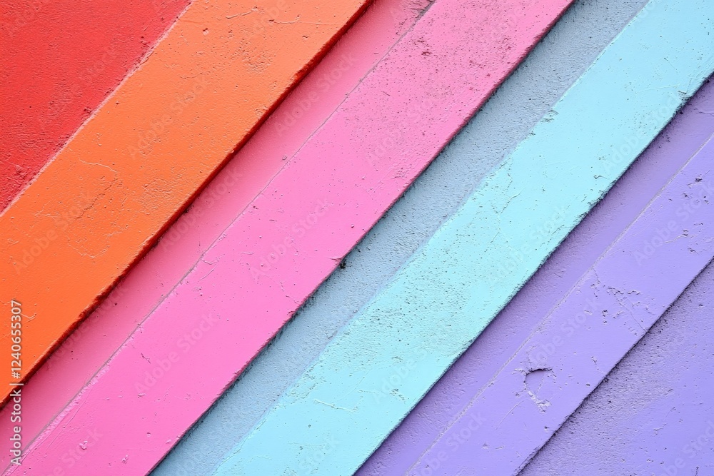 Poster Colorful diagonal stripes create a vibrant pattern on a textured wall in an urban setting during the daytime