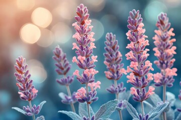 Obraz premium Beautiful lavender flowers blooming in a serene garden setting during golden hour lighting