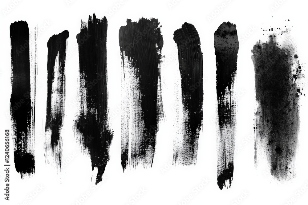 Poster Variety of black paint strokes on white background showcasing artistic techniques and textures for design projects