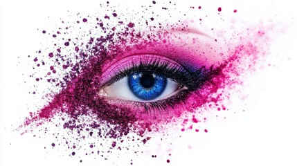 Ultra-pigmented neon pink eye shadow smear with a vibrant pop of color, isolated on white