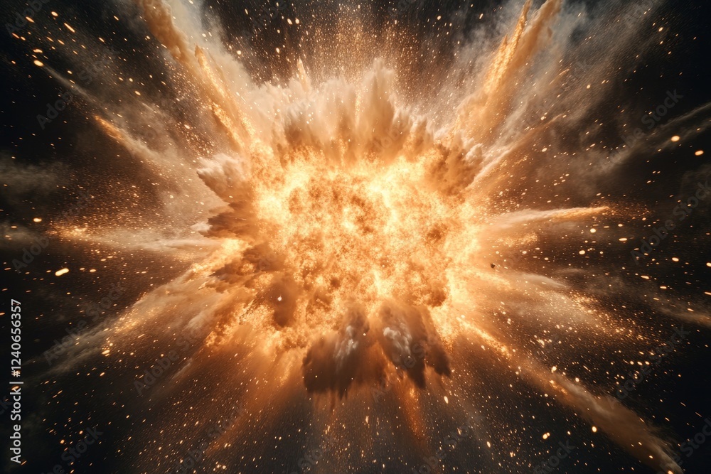 Poster Bright explosion fills the dark sky with fiery colors and shockwaves during a nighttime event