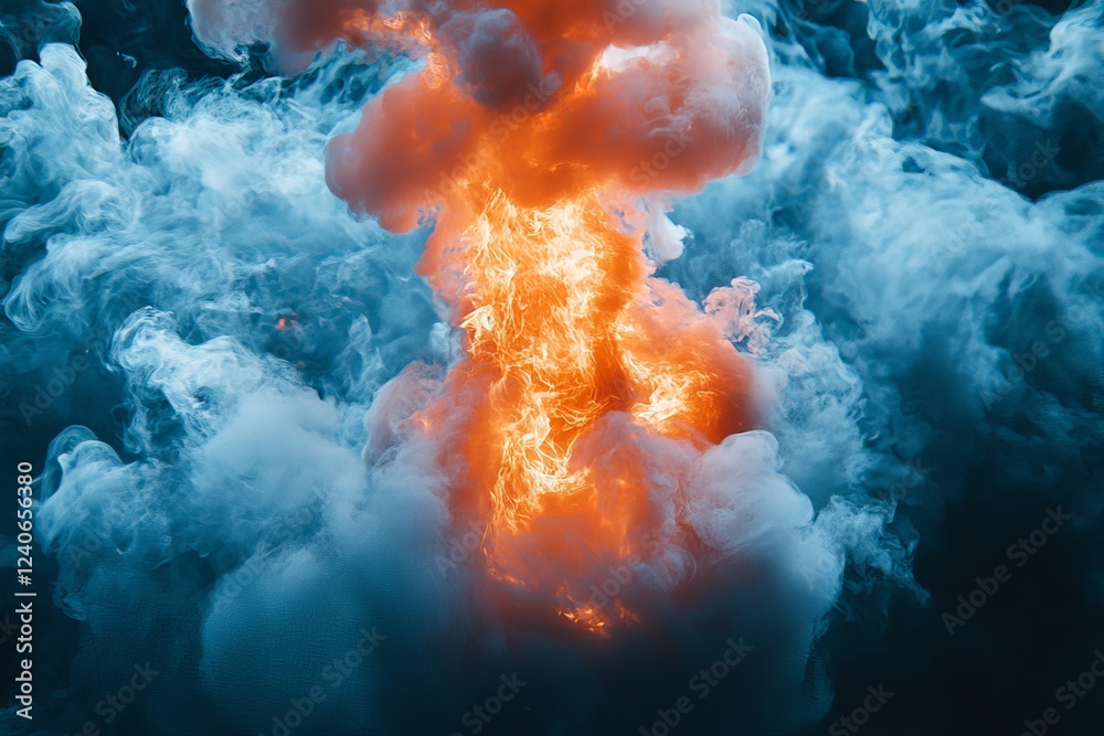 Poster dynamic explosion of orange flames in thick billowing clouds of blue smoke during a controlled fire 
