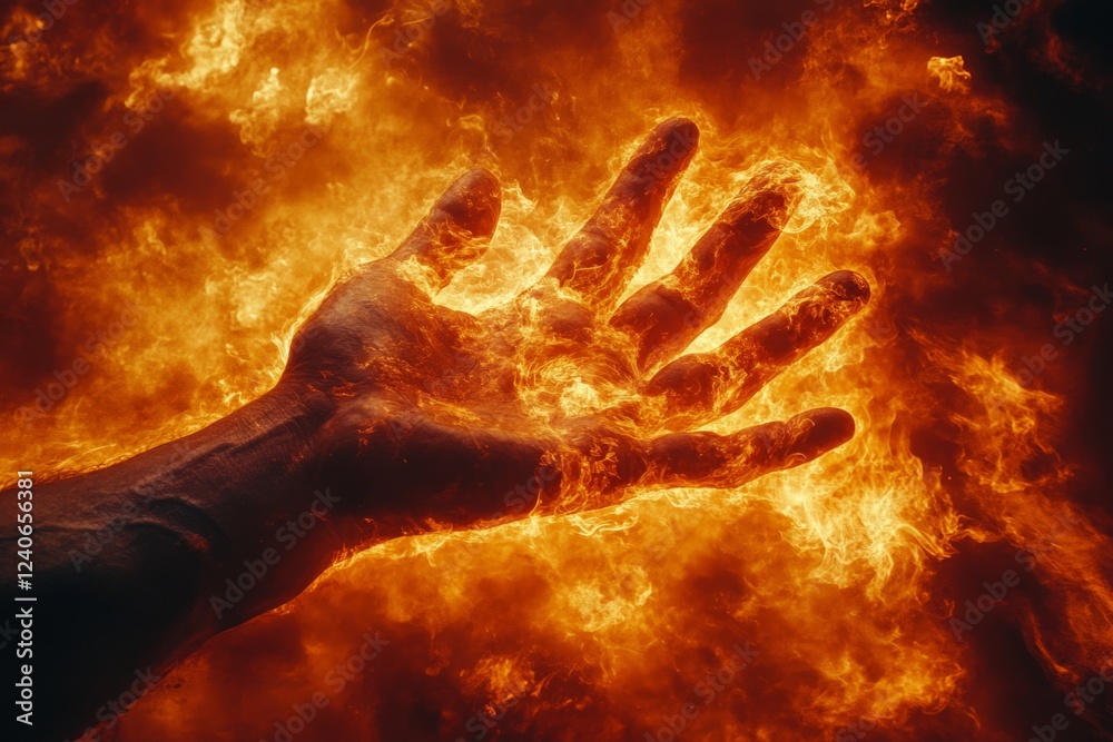 Poster fiery hand reaching out into the intense orange flames creating a dramatic visual effect