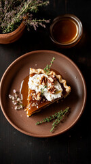 Creamy Cheesecake Tart with Crushed Nuts. Slice Drizzled with Syrup on a Plate.