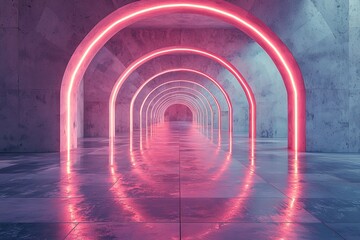 Obraz premium The image presents a futuristic hallway with a serene light and a row of arches extending infinitely