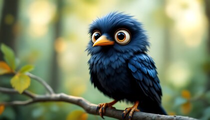 Illustration of a sweet dark feathered bird with big round eyes sitting on a branch -  gentle inquisitiveness - perfect for children's media and storybooks