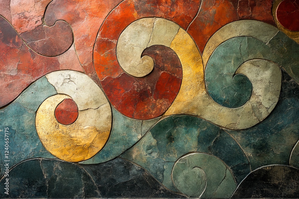 Poster colorful wave patterns create a striking mural in an artistic space showcasing intricate designs and