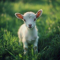Obraz premium Small white goat stands playfully in lush green grass during a sunny afternoon