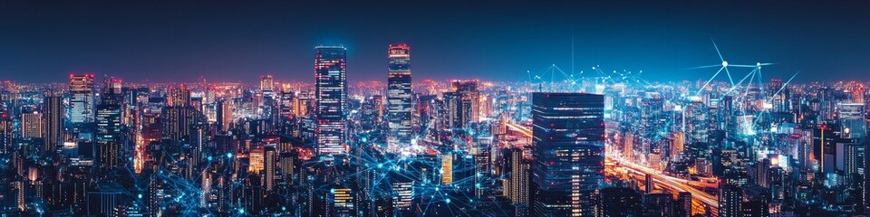 Fototapeta premium Connected Cityscape Nighttime Urban Landscape with Luminous Network, Vector Illustration