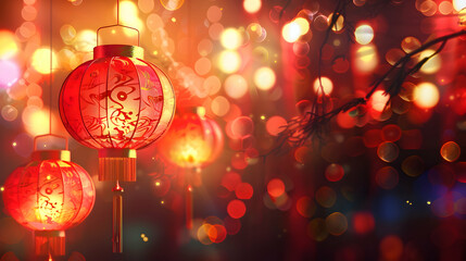 Vibrant red lanterns illuminated in a festive setting, surrounded by colorful bokeh lights