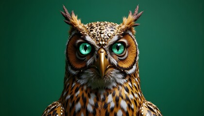 Illustration of an ornate owl with golden details and captivating emerald eyes - representing authority and mystery - suited for posters, book covers, or art merchandise