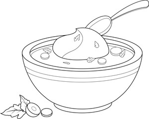 Bowl of homemade soup with vegetables and cream. Russian borscht soup with beetroot. Vector black and white coloring page.