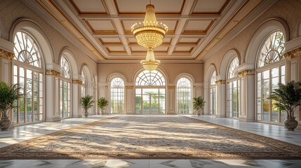 Fototapeta premium An opulent event hall garnished with an intricate carpet and monumental chandeliers, set for a noteworthy event or assembly
