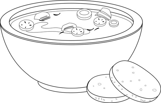 recommend clip art: Bowl of chicken soup. Homemade soup with vegetables, chicken soup with sliced bread. Vector black and white coloring page.