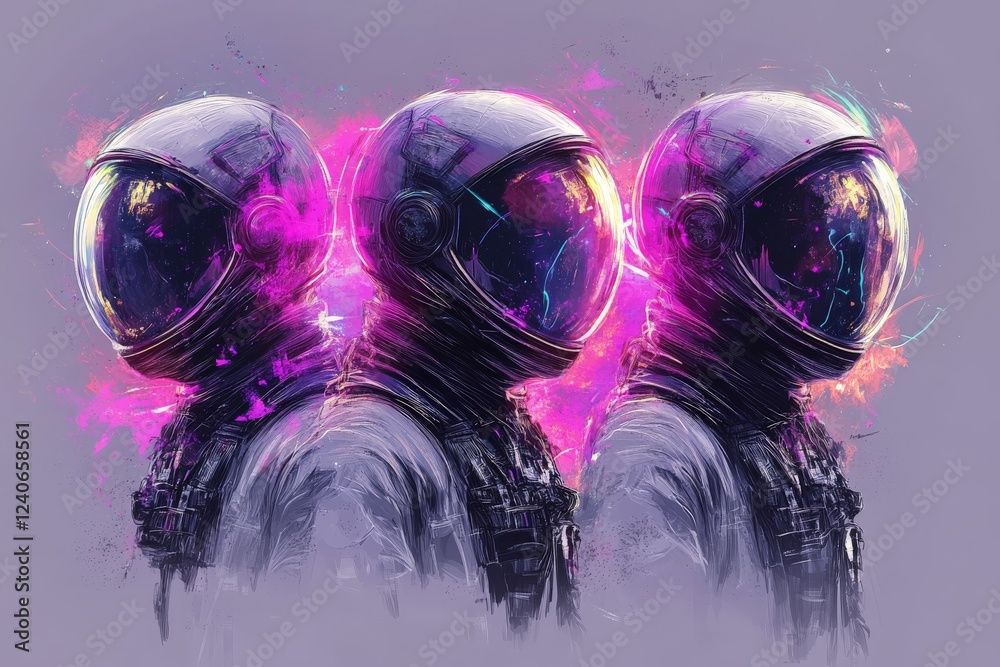 Poster three astronauts in colorful cosmic space with vibrant bursts of energy against a soft backdrop