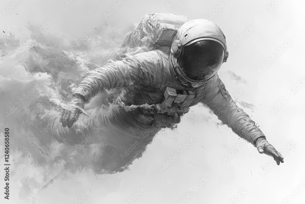 Poster Astronaut exploring a surreal space environment filled with clouds and cosmic dust