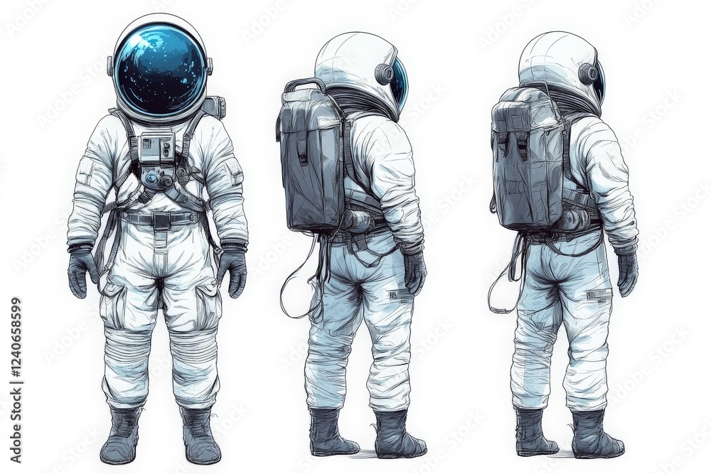 Poster astronaut in futuristic space suit stands ready for exploration on an unknown planet with a vibrant 