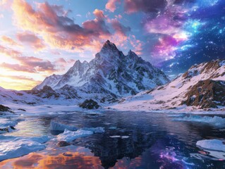 Obraz premium Glowing ice formations illuminate serene arctic landscape on an alien planet under multiple suns