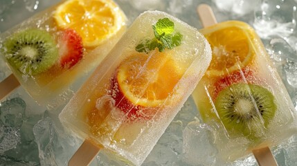 Colorful Fruit Popsicles on Ice