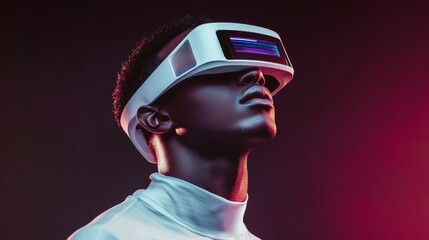 A minimalist dark setting showcases a sleek and futuristic fashion portrait