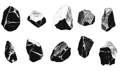 Linocut style rocks rock organic shapes set, hand drawing style, mineral, stone