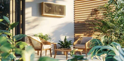 Air heat pump inverter placed on a contemporary house facade - 3D visualization