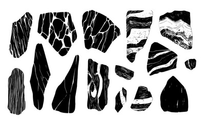 Linocut style rocks rock organic shapes set, hand drawing style, mineral, stone