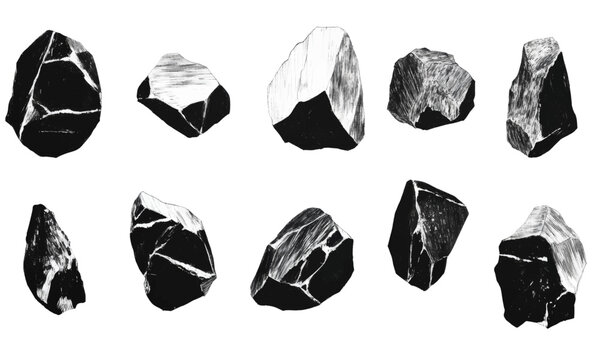 Linocut style rocks rock organic shapes set, hand drawing style, mineral, stone