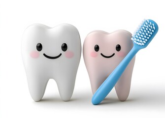 Happy cartoon teeth with toothbrush promoting dental hygiene