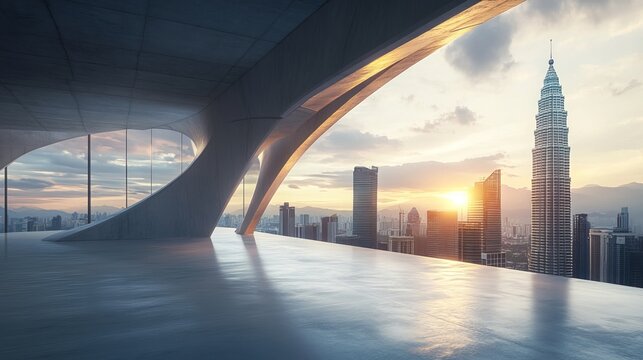 Futuristic construction boasts a sleek concrete floor with the dazzling skyline of Kuala Lumpur as its backdrop. This captivating 3D rendering showcases the city's architectural prowess. 