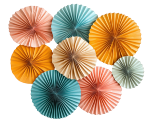 Whimsical arrangement of colorful paper fans in various shades, creating vibrant and festive atmosphere. Perfect for celebrations and decorations