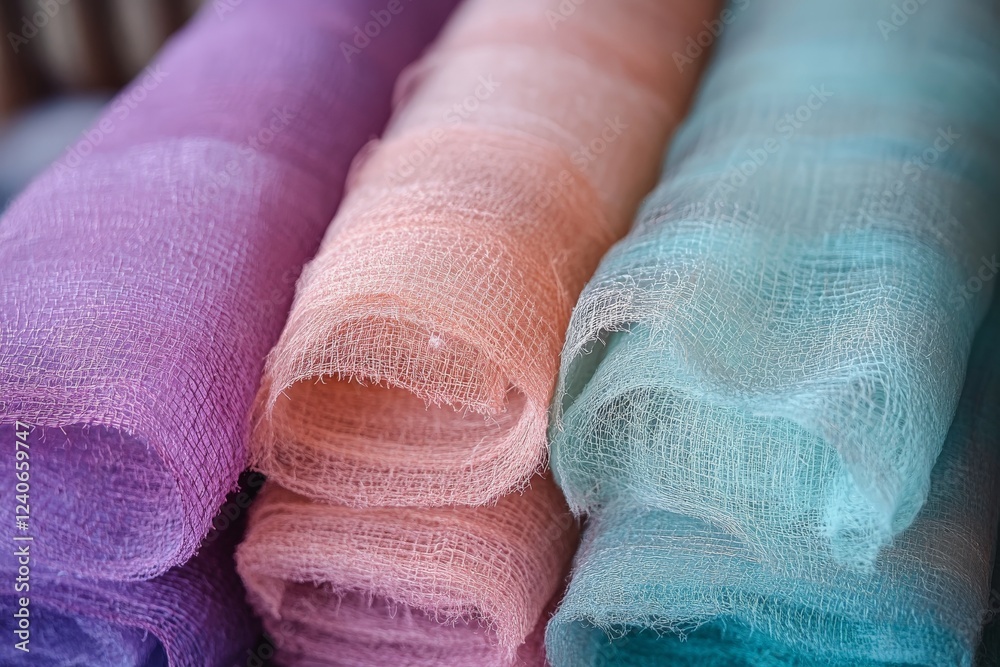 Poster Colorful rolls of fabric stacked neatly in a craft store displaying a variety of textures and hues