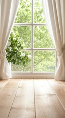 Sunlight fills a serene indoor area through a large window, highlighting the warm wooden table and lush greenery outside