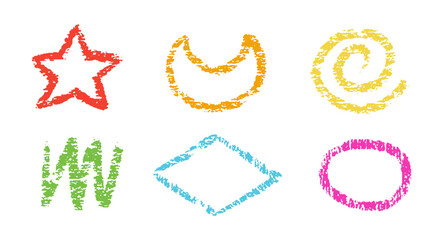 Charcoal color geometric shapes. Hand drawn kid pencil or crayon texture. Chalk geometric figures, rhombus, circle, spiral, zigzag, star and polygon in childish style.