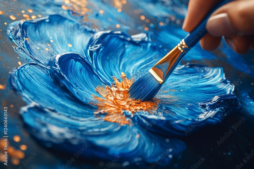 Poster Vibrant blue flower creation using a brush on textured canvas in an artistic studio setting