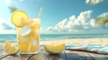 Obraz premium A glass of lemon lemonade with ice cubes, lemon wedges, and a mint garnish, placed on a wooden table outdoors with sunlight filtering through the leaves.