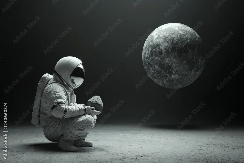 Poster astronaut examines lunar rock in a desolate environment under a distant moon
