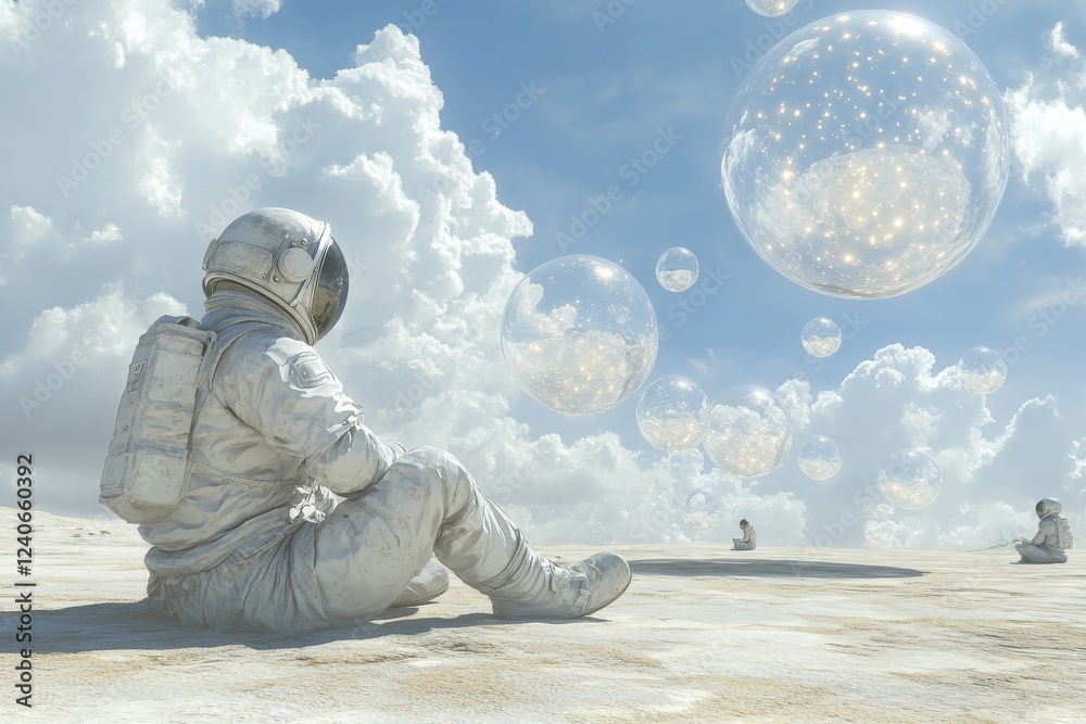 Aufkleber Exploration and reflection in a dreamlike space landscape with astronauts and floating bubbles