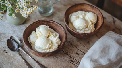 Fototapeta premium Vanilla Ice Cream in Rustic Wooden Bowls