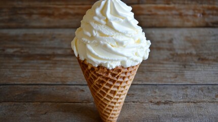 Vanilla Ice Cream in Waffle Cone on Wooden Background