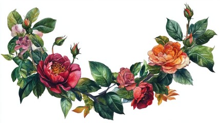 Fototapeta premium Colorful watercolor floral wreath with roses, peonies, and green leaves, botanical art, isolated on white
