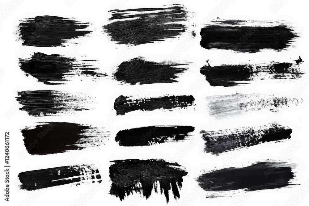 Poster brush strokes of black and gray paint on a white background showcasing various textures and styles